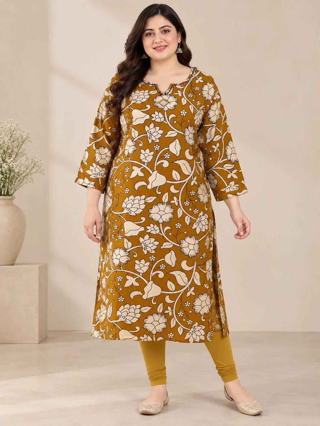 Mustard Floral Printed Plus Size Rayon Kurta