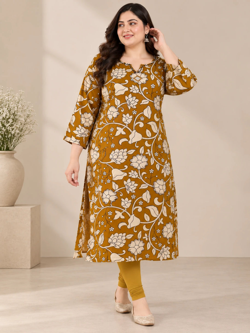 Mustard Floral Printed Plus Size Rayon Kurta