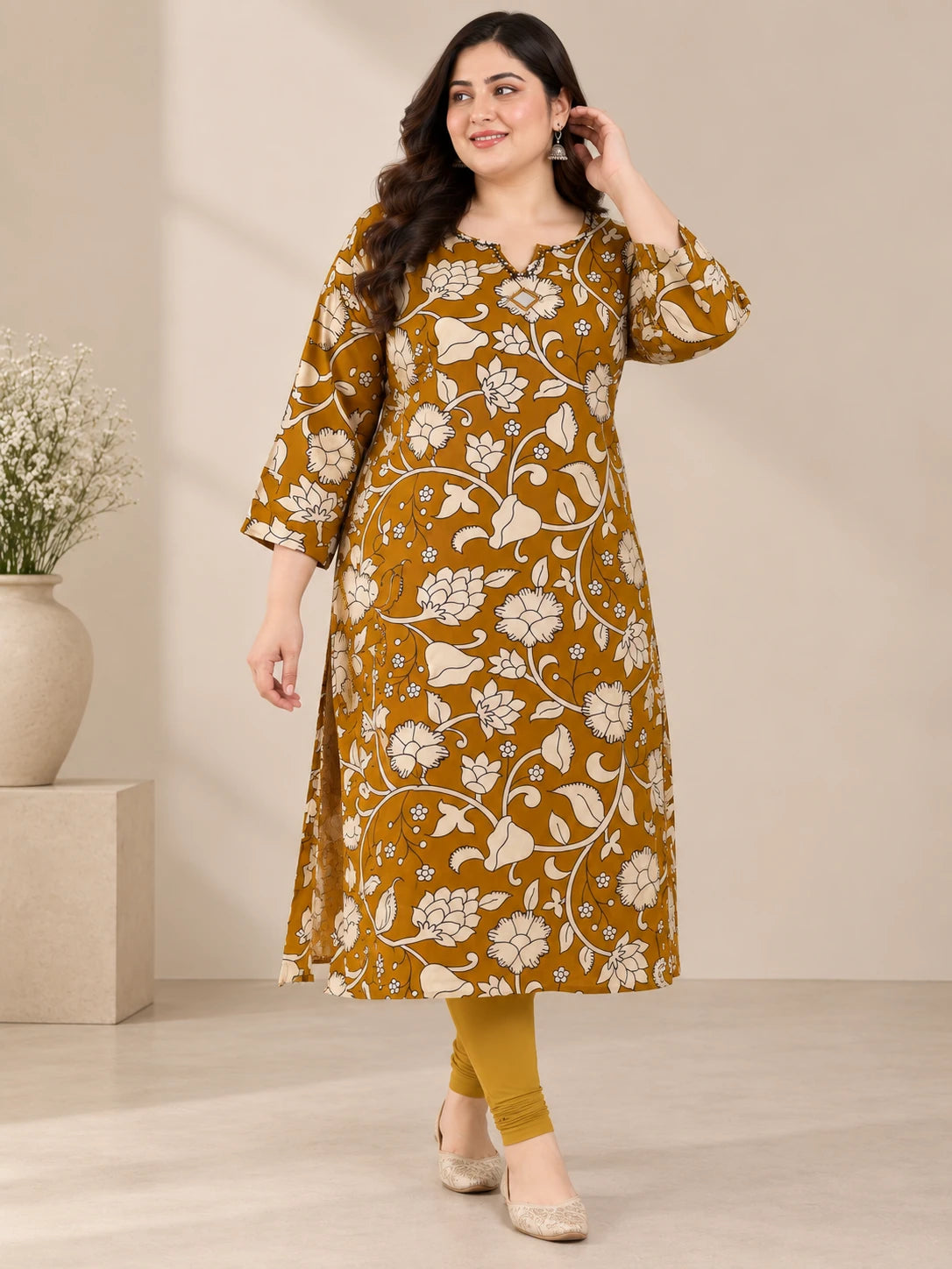Mustard Floral Printed Plus Size Rayon Kurta