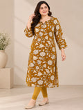 Mustard Floral Printed Plus Size Rayon Kurta
