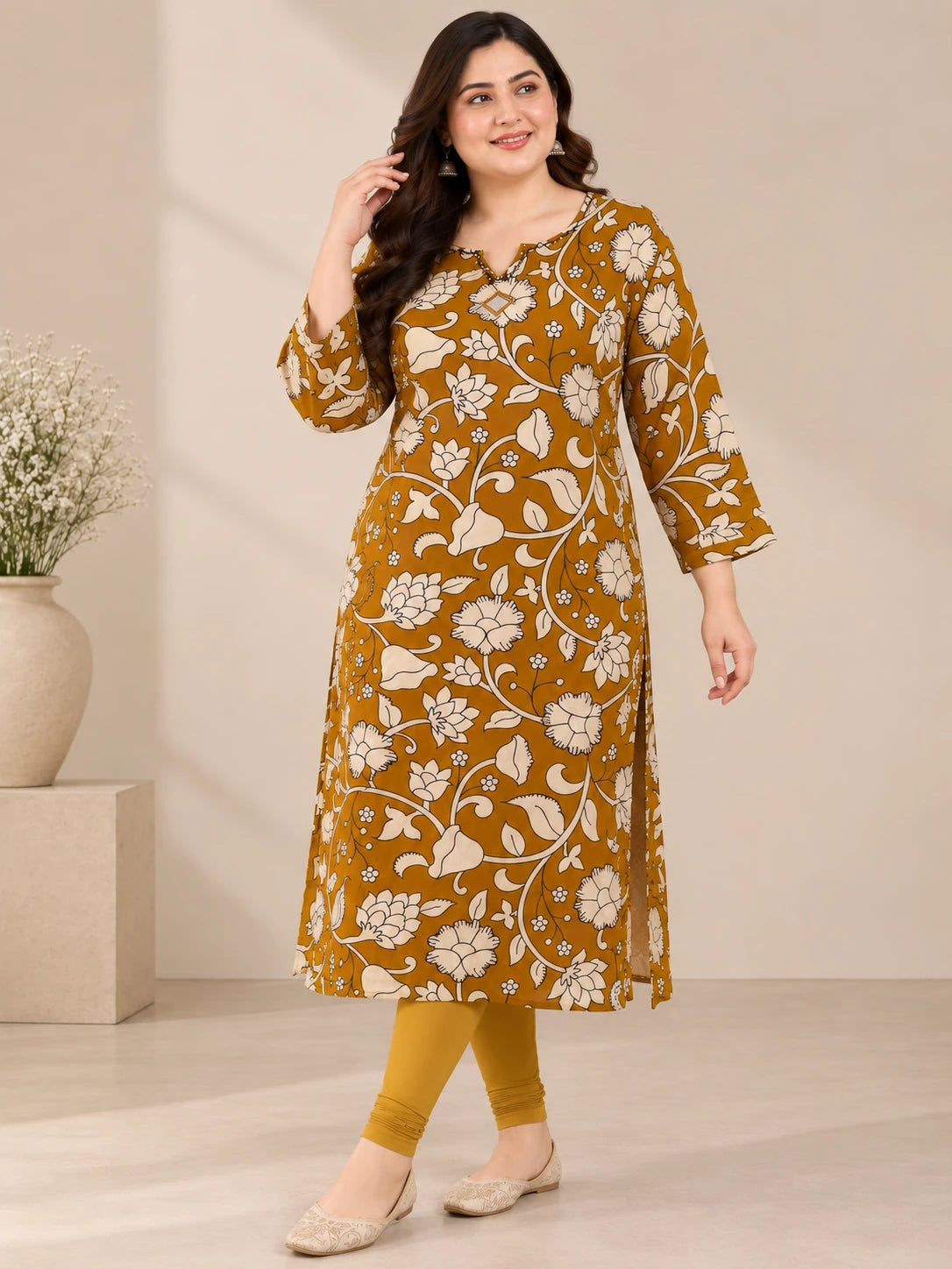 Mustard Floral Printed Plus Size Rayon Kurta
