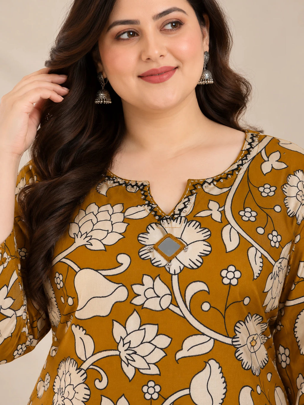 Mustard Floral Printed Plus Size Rayon Kurta
