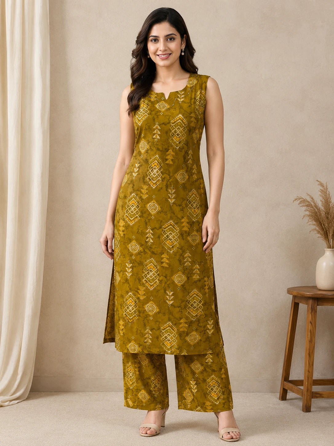 Mustard Green Rayon Katha Work Printed Co-ord Set