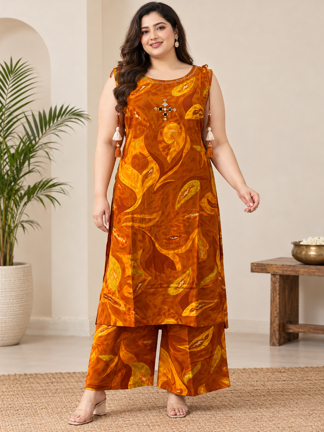 Plus Size Mustard Gold Printed Kurta Palazzo Set
