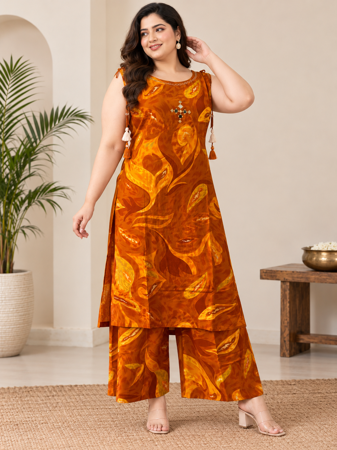 Plus Size Mustard Gold Printed Kurta Palazzo Set