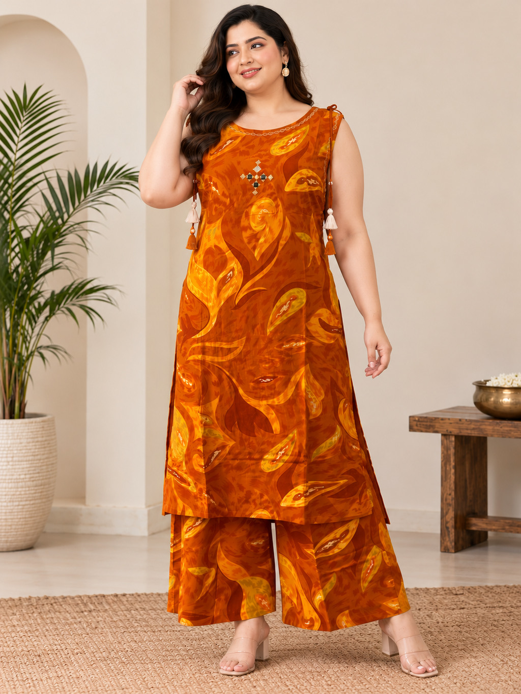Plus Size Mustard Gold Printed Kurta Palazzo Set