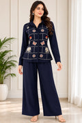 Blue Embroidered Short Shirt &amp; Pant Co-ord Set