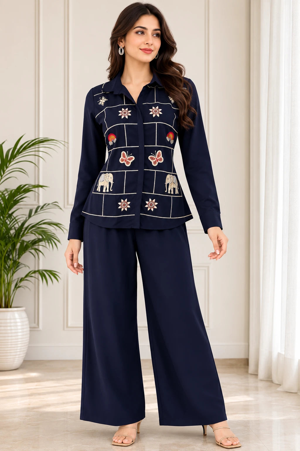 Blue Embroidered Short Shirt &amp; Pant Co-ord Set