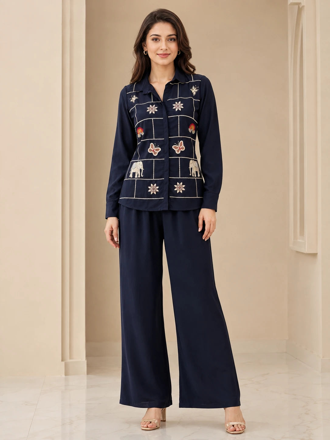 Blue Embroidered Short Shirt &amp; Pant Co-ord Set