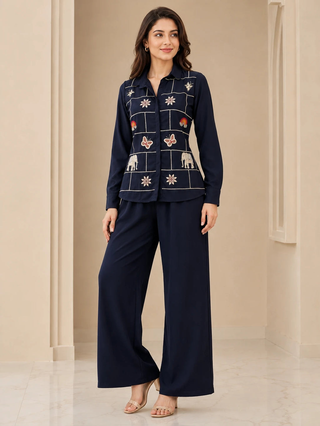 Blue Embroidered Short Shirt &amp; Pant Co-ord Set