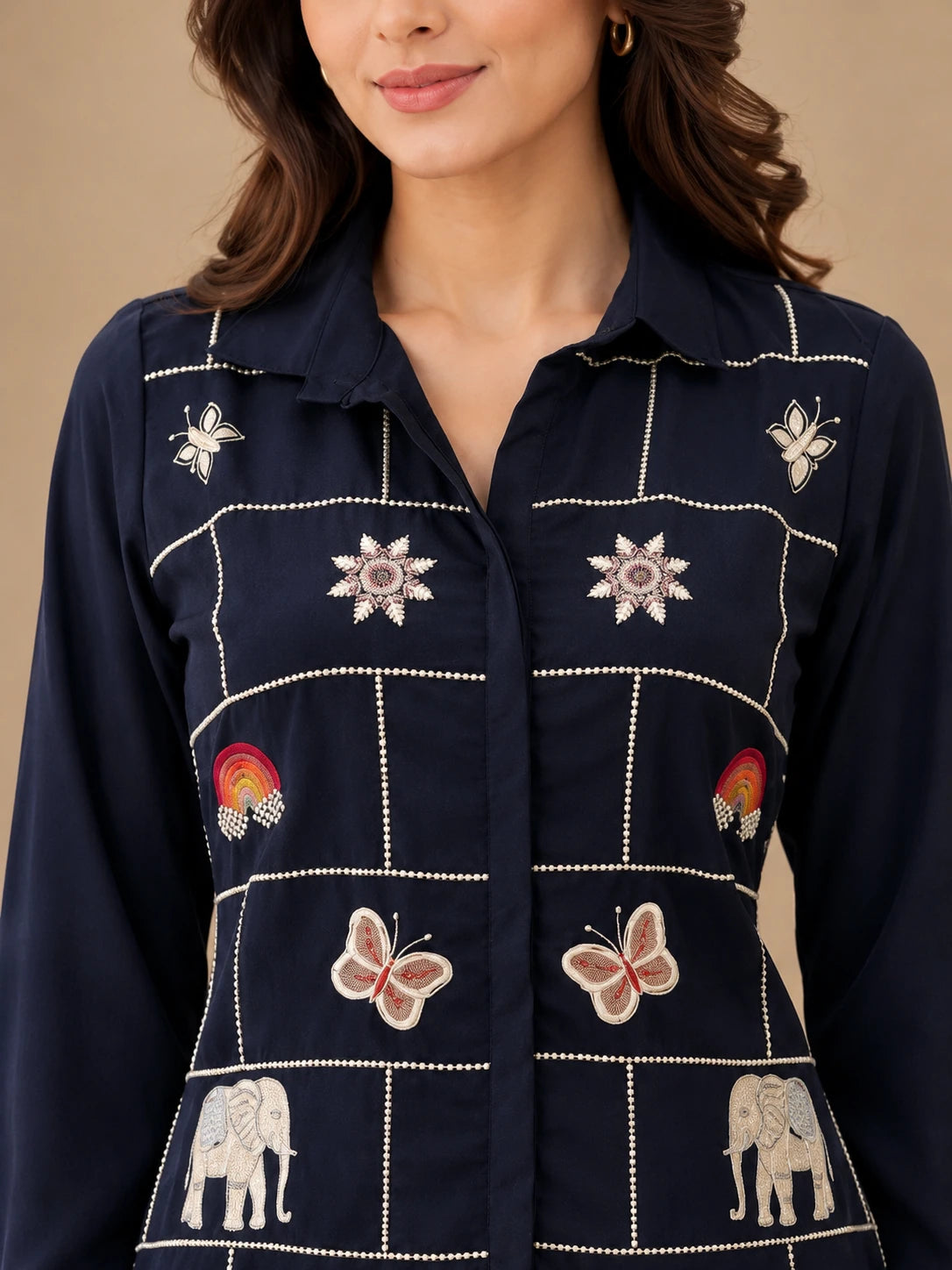 Blue Embroidered Short Shirt &amp; Pant Co-ord Set