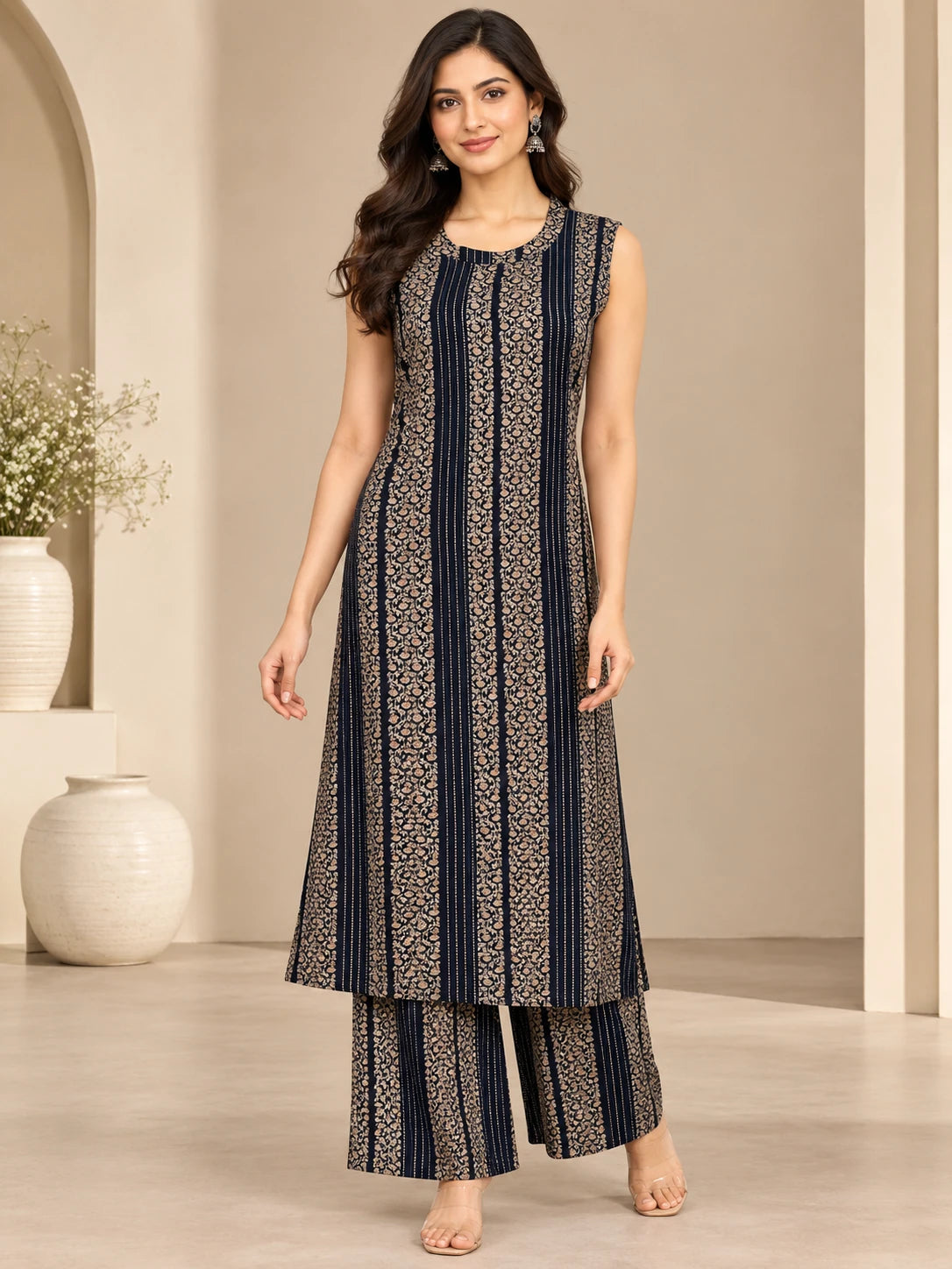Navy Floral Stripe Halter Neck Kurta Palazzo Set