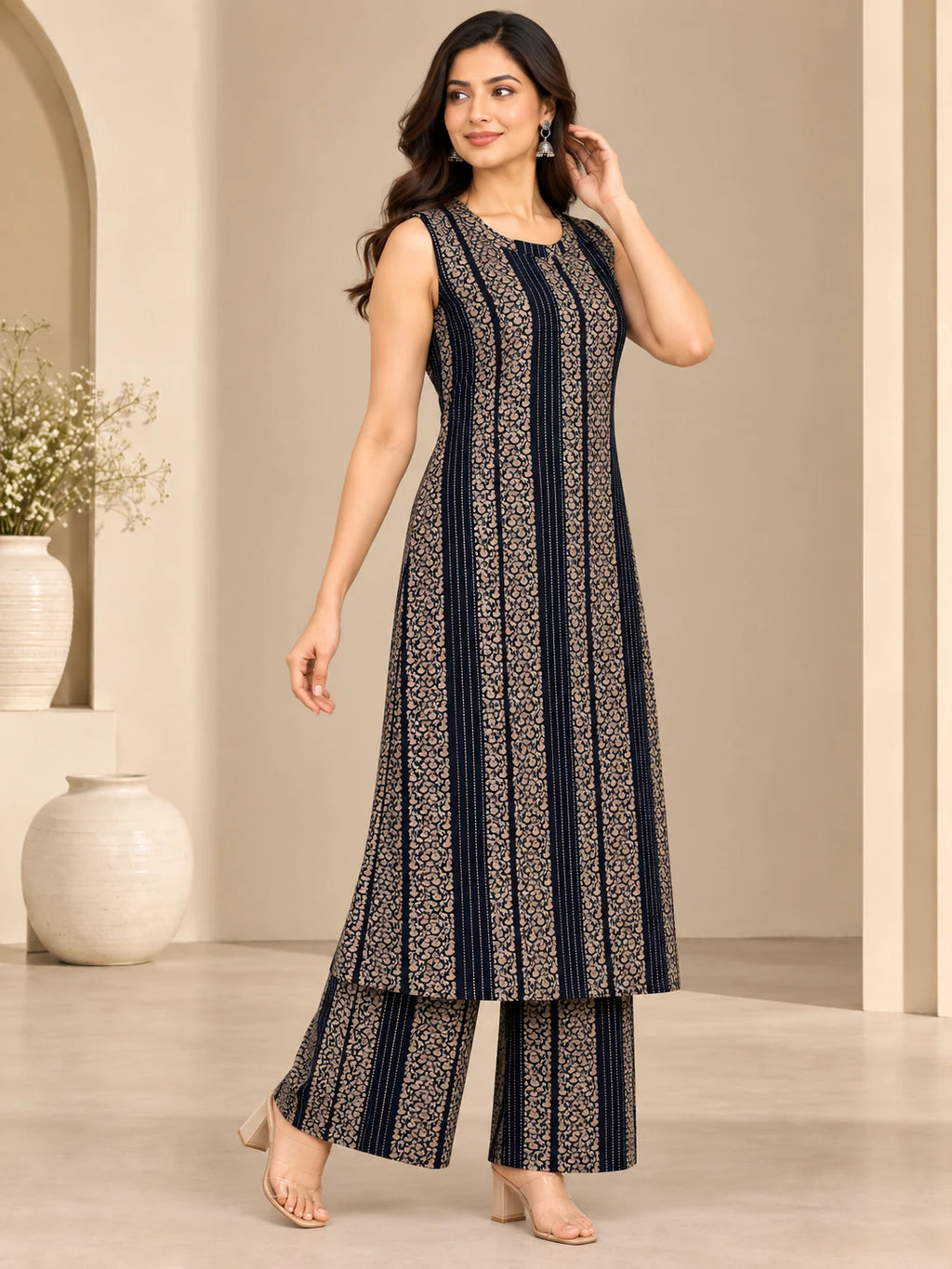 Navy Floral Stripe Halter Neck Kurta Palazzo Set