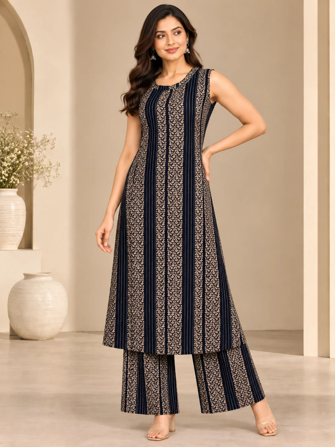 Navy Floral Stripe Halter Neck Kurta Palazzo Set