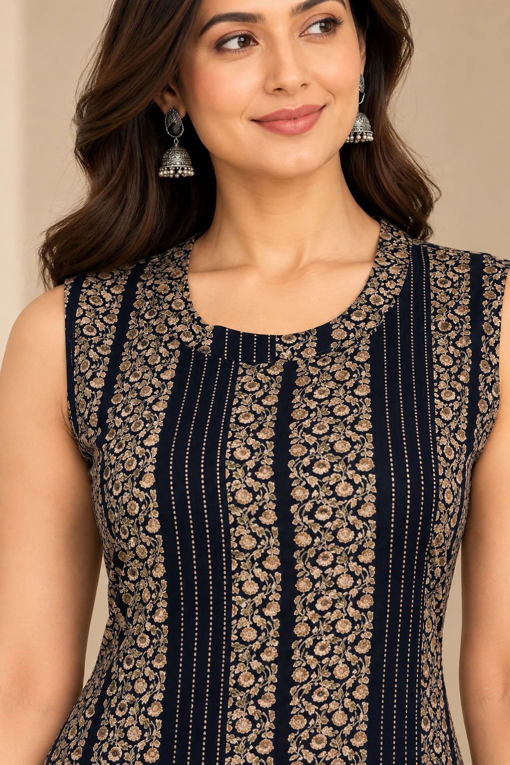 Navy Floral Stripe Halter Neck Kurta Palazzo Set