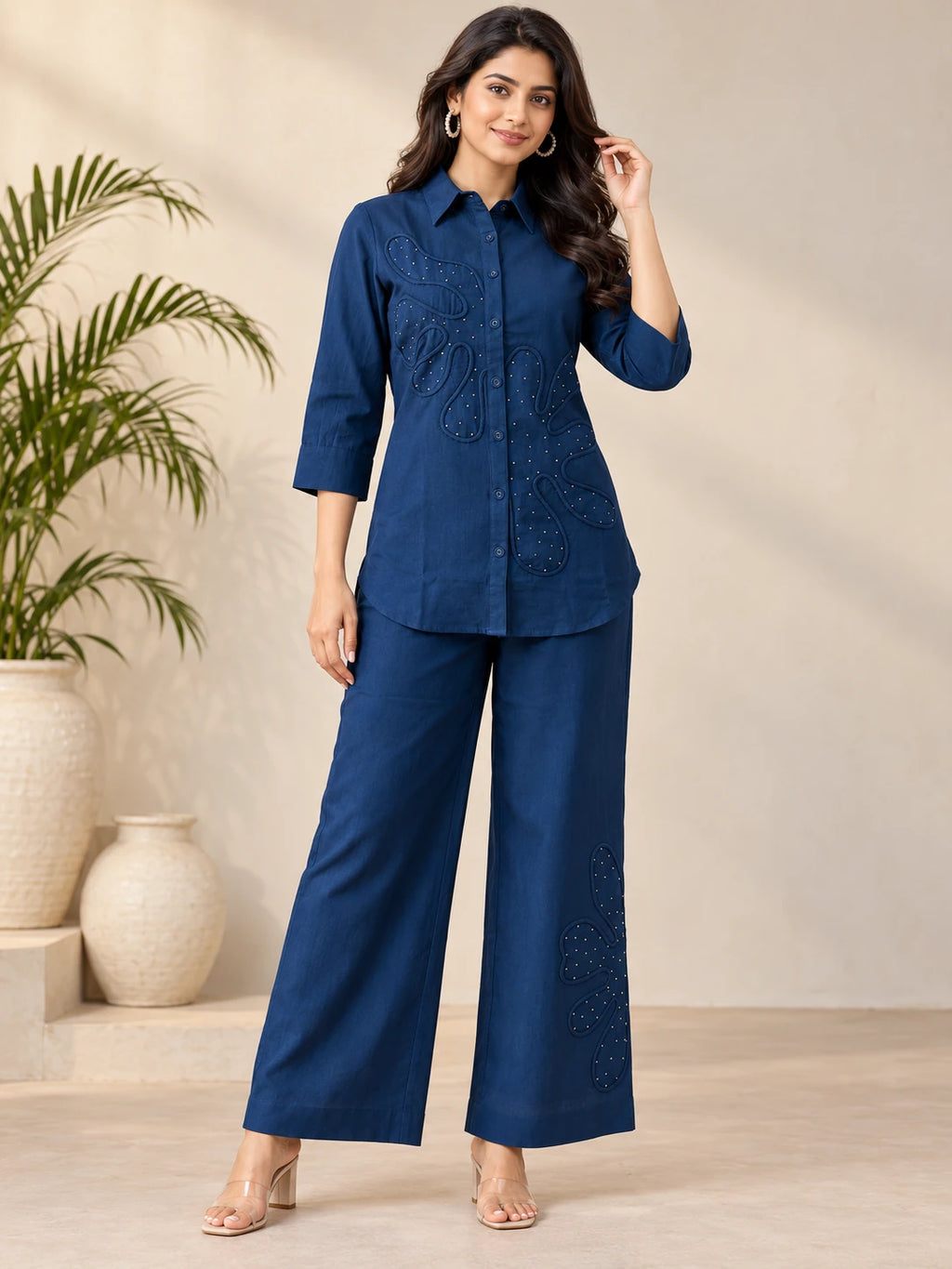 Navy Khadi Embroidered Short Kurta Co-Ord Set