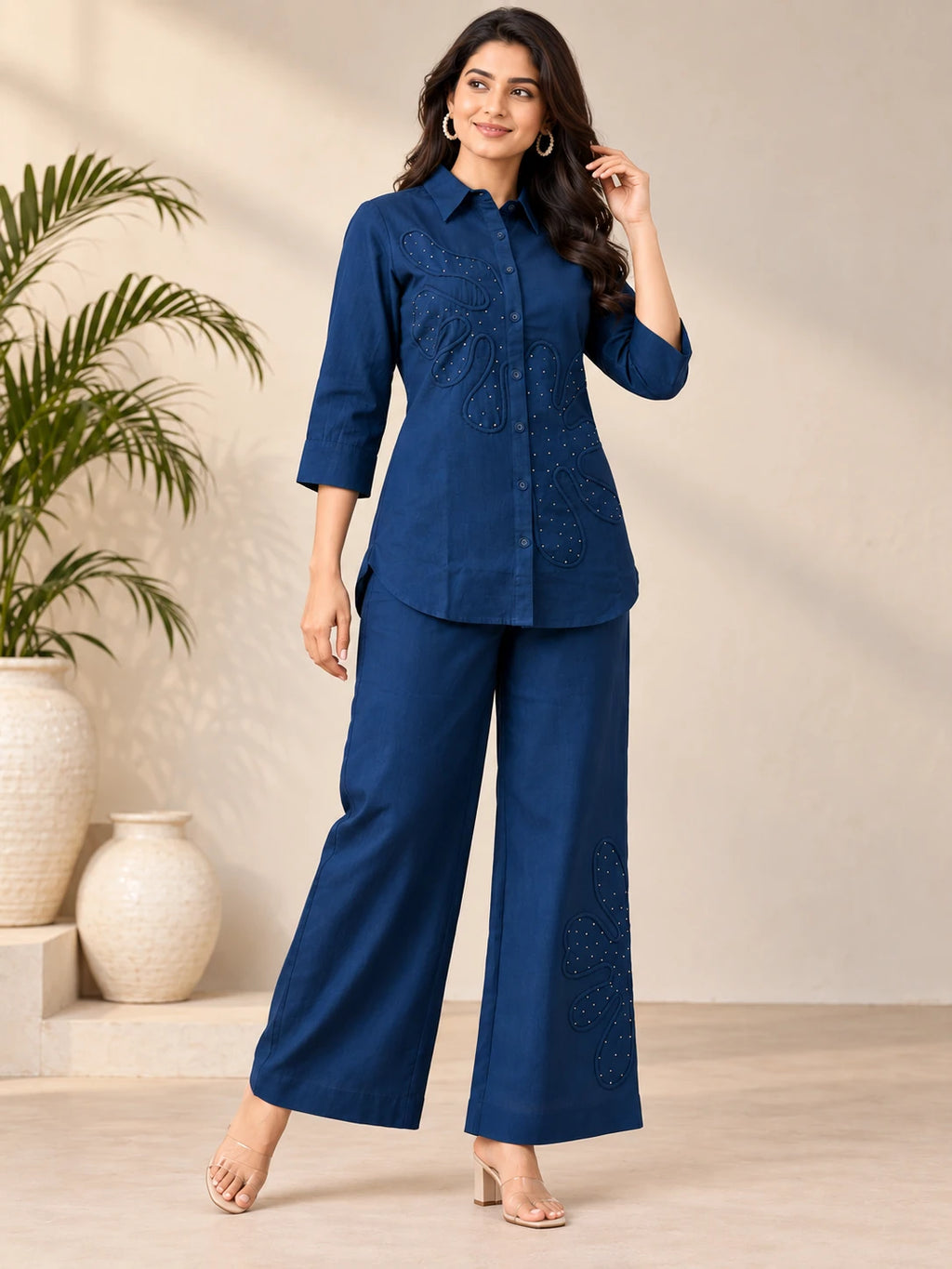 Navy Khadi Embroidered Short Kurta Co-Ord Set
