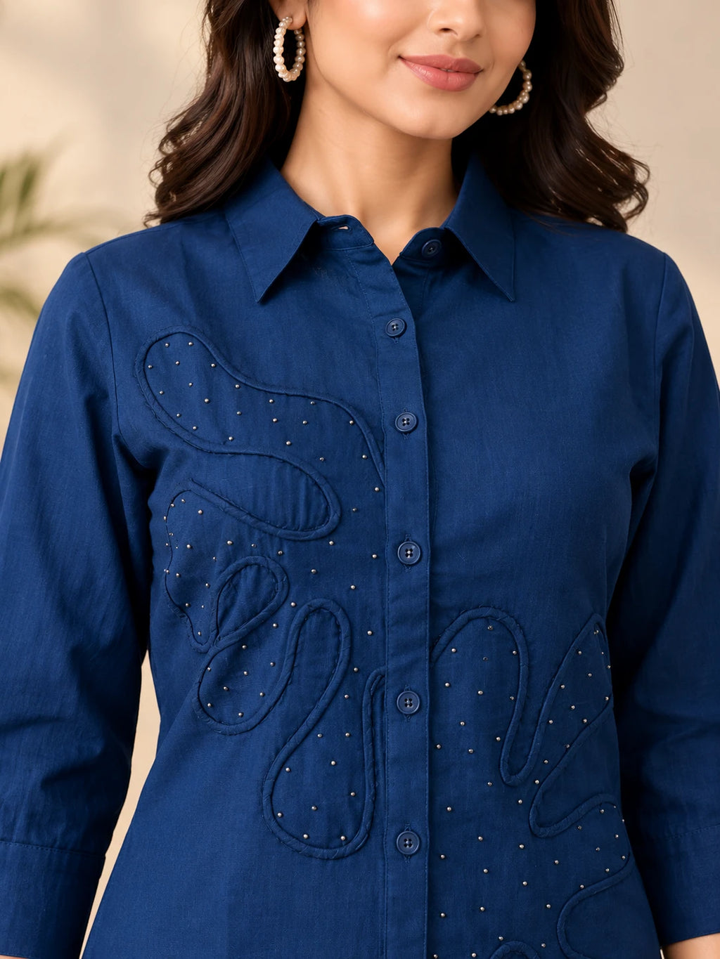 Navy Khadi Embroidered Short Kurta Co-Ord Set