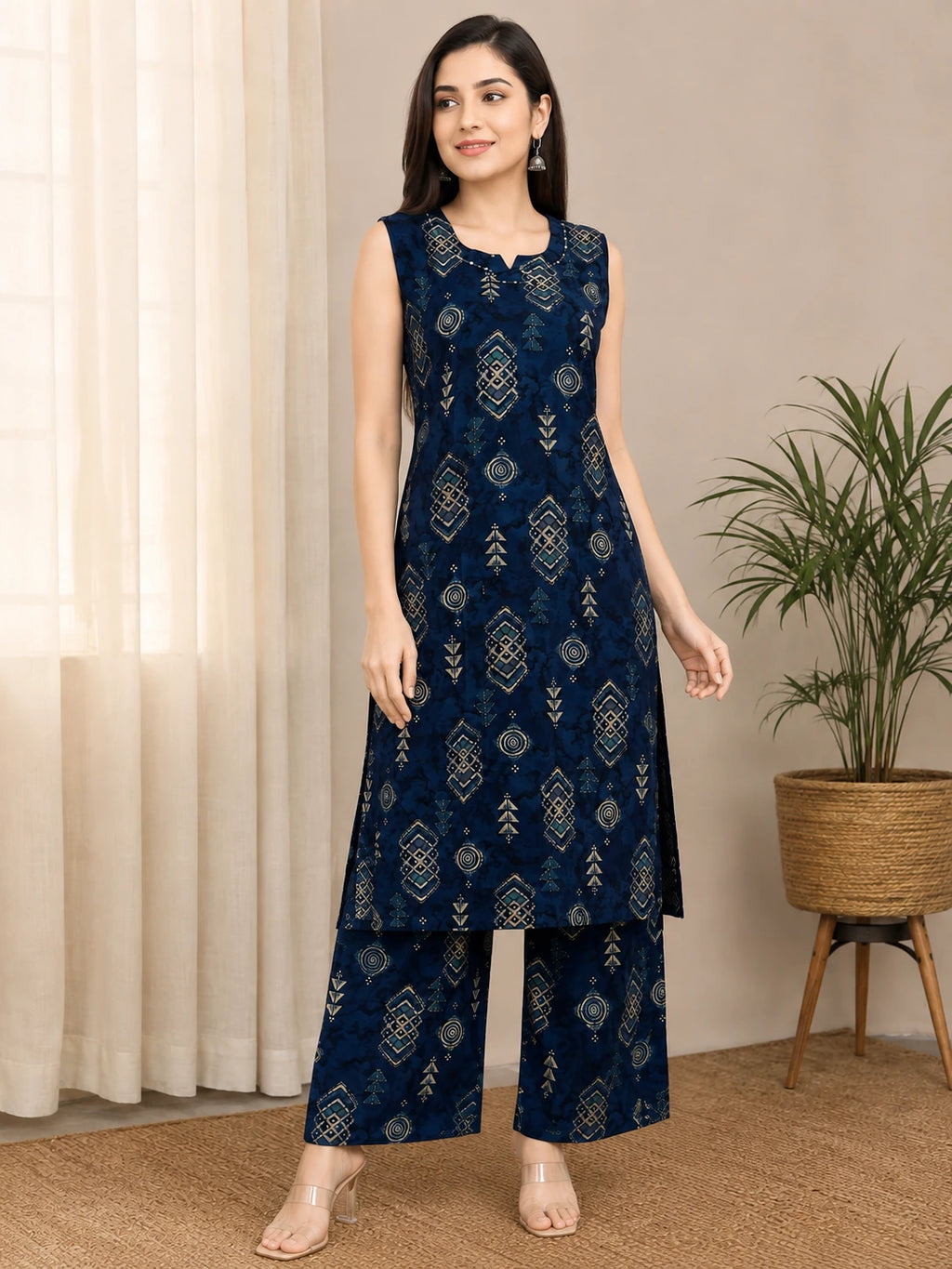 Royal Blue Rayon Katha Work Printed Co-ord Set
