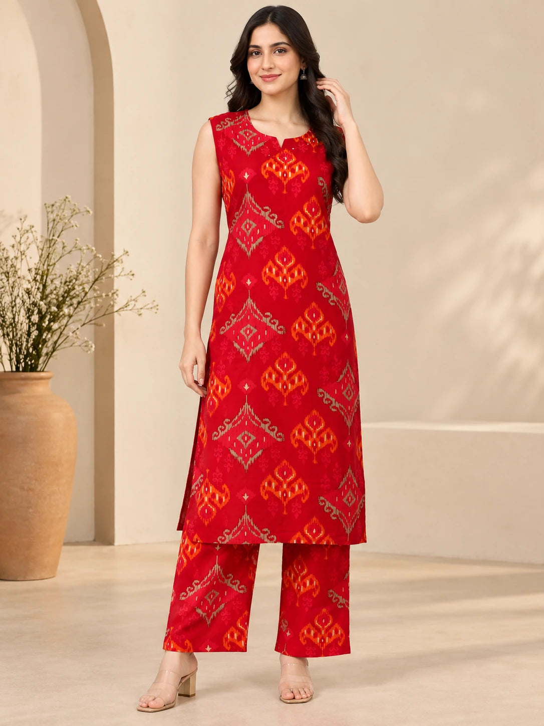 Orange Ikkat Printed Rayon Long Kurta & Palazzo Co-ord Set