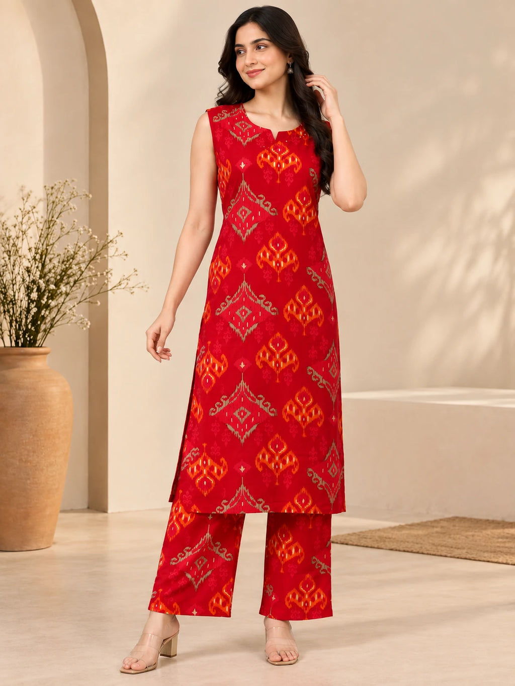 Orange Ikkat Printed Rayon Long Kurta & Palazzo Co-ord Set