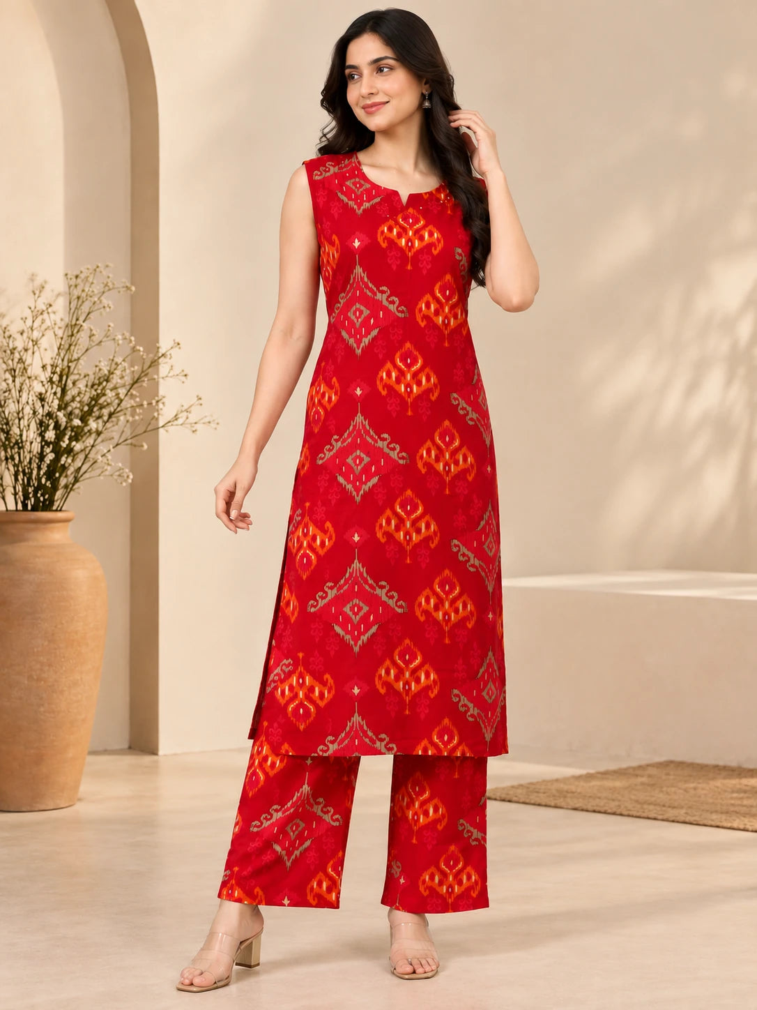 Orange Ikkat Printed Rayon Long Kurta & Palazzo Co-ord Set