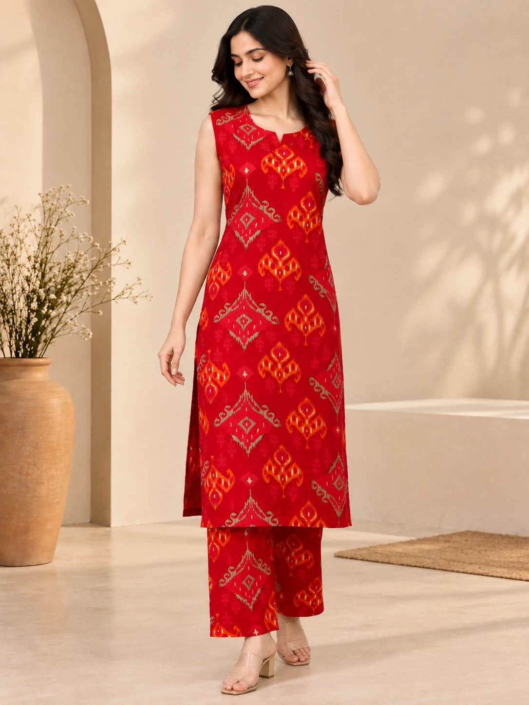 Orange Ikkat Printed Rayon Long Kurta & Palazzo Co-ord Set