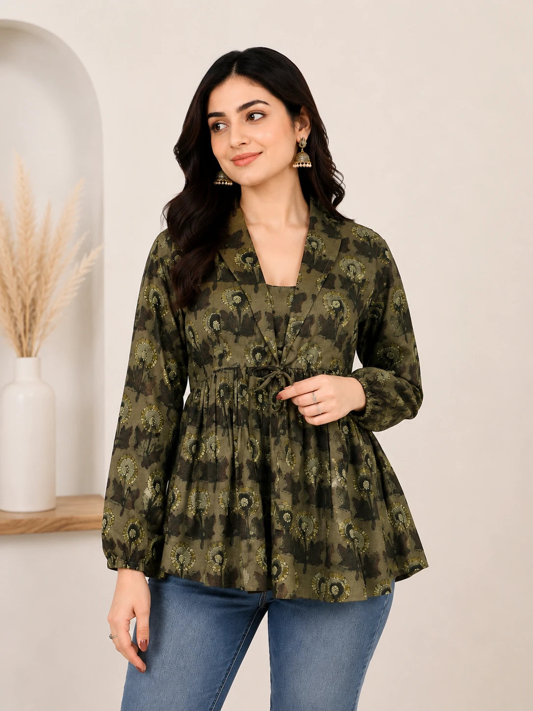 Olive Cotton Frill Tunic Top