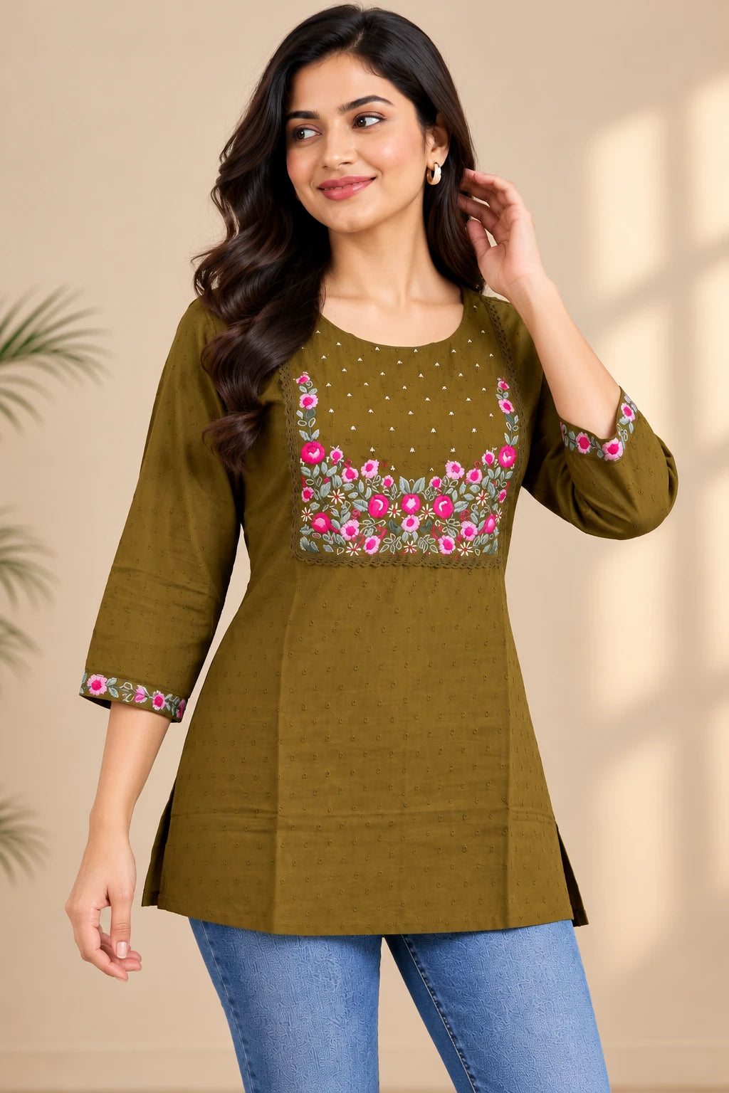 Olive Green Self-Textured Cotton Short Kurti