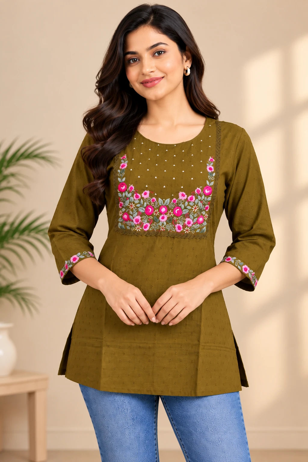 Olive Green Self-Textured Cotton Short Kurti