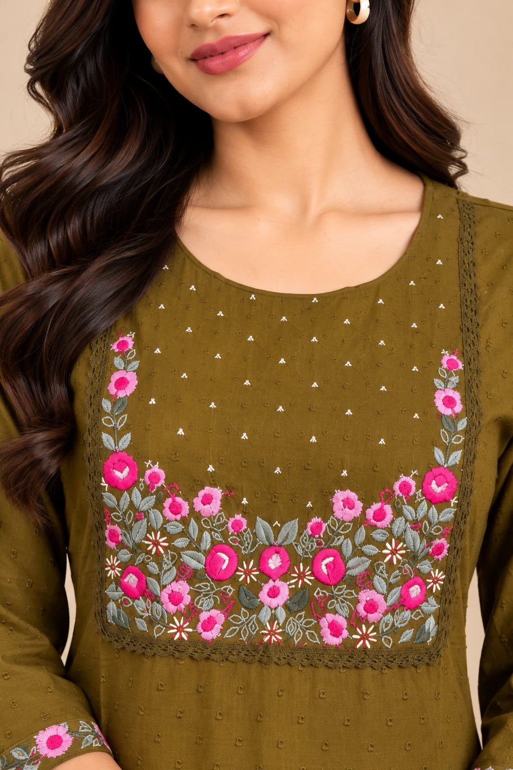 Olive Green Self-Textured Cotton Short Kurti