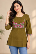 Olive Green Self-Textured Cotton Short Kurti