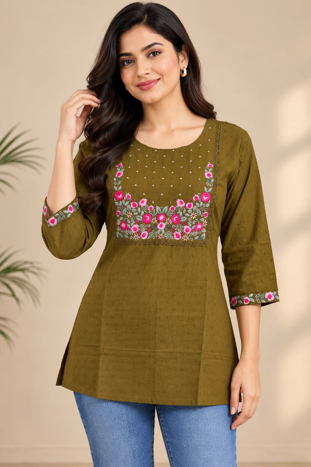 Olive Green Self-Textured Cotton Short Kurti
