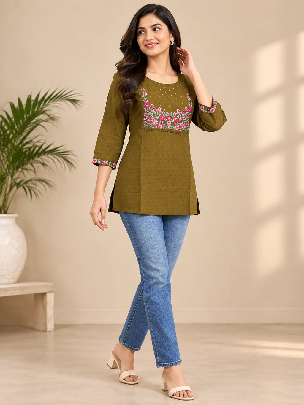 Olive Green Self-Textured Cotton Short Kurti