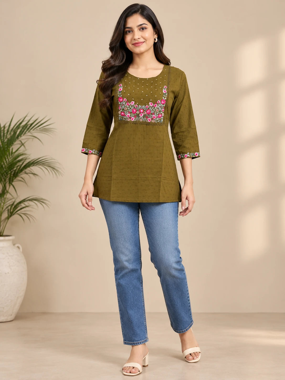 Olive Green Self-Textured Cotton Short Kurti