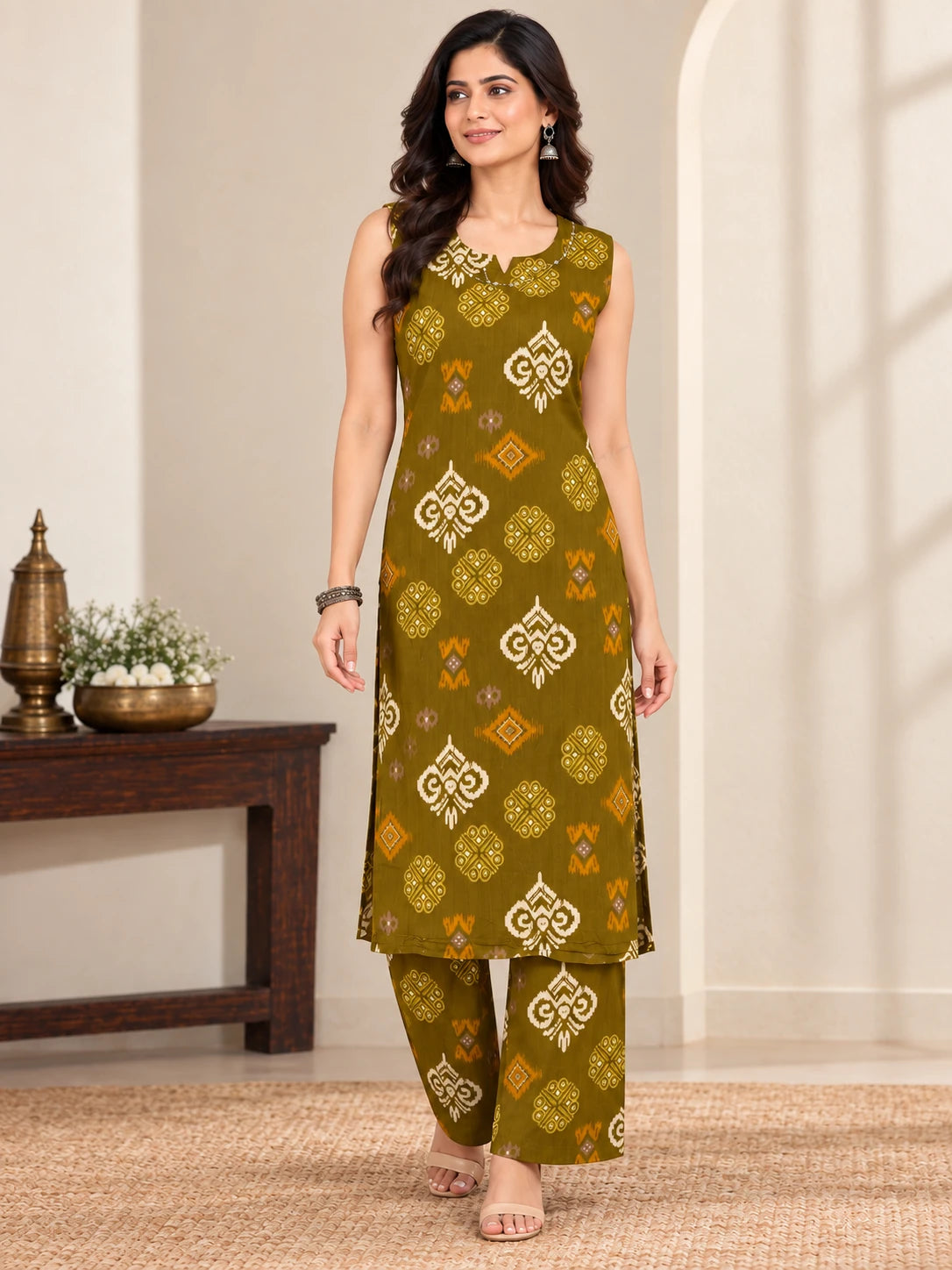 Olive Green Ikkat Rayon Kurta Palazzo Set