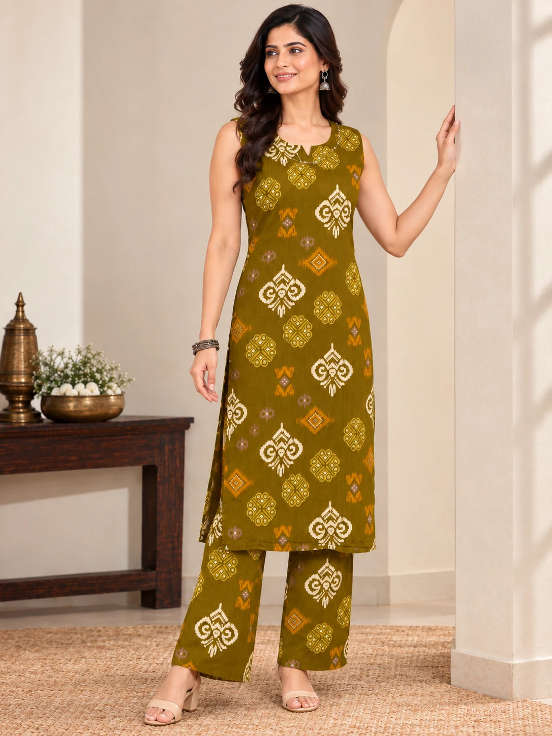 Olive Green Ikkat Rayon Kurta Palazzo Set