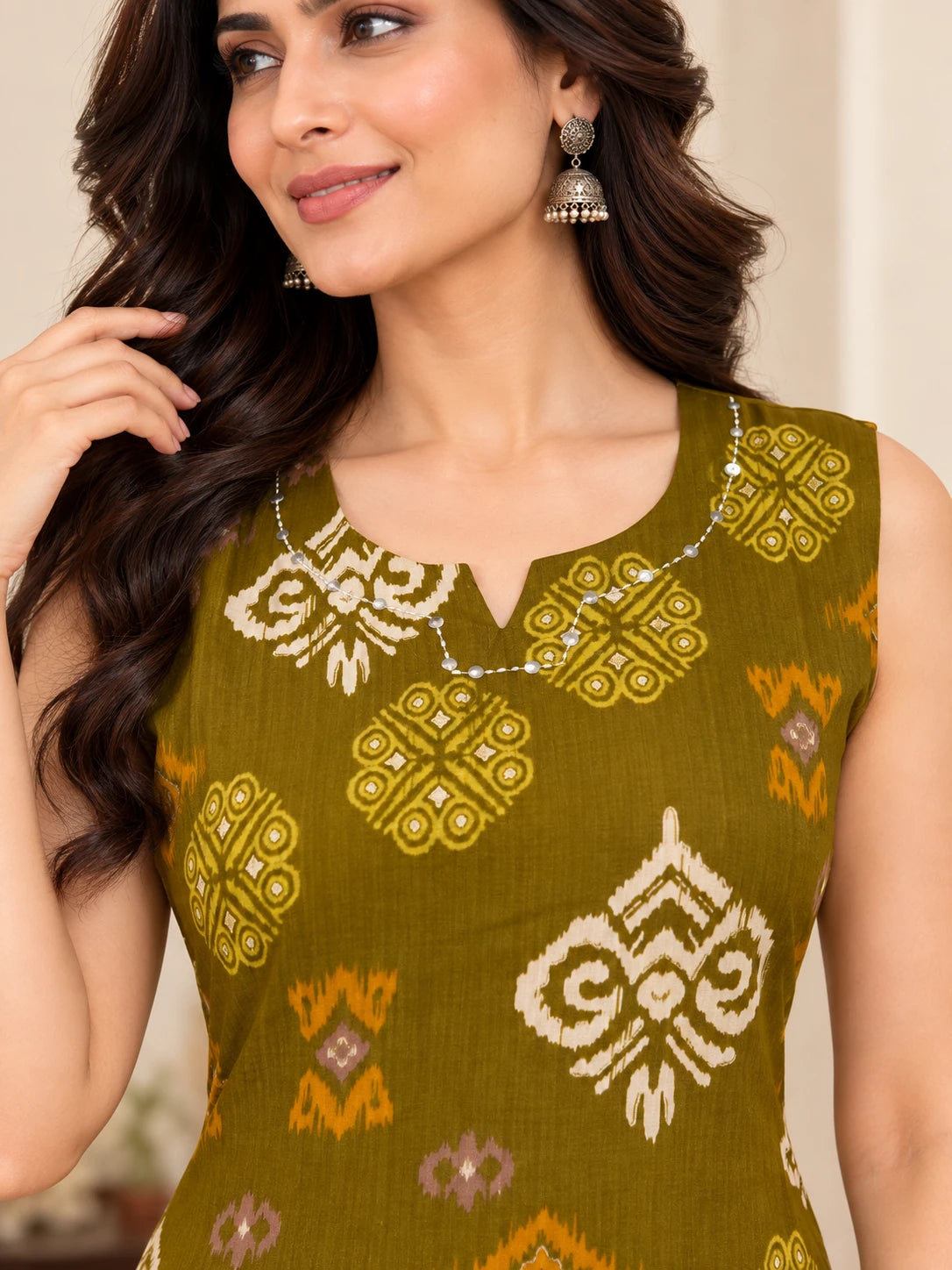 Olive Green Ikkat Rayon Kurta Palazzo Set