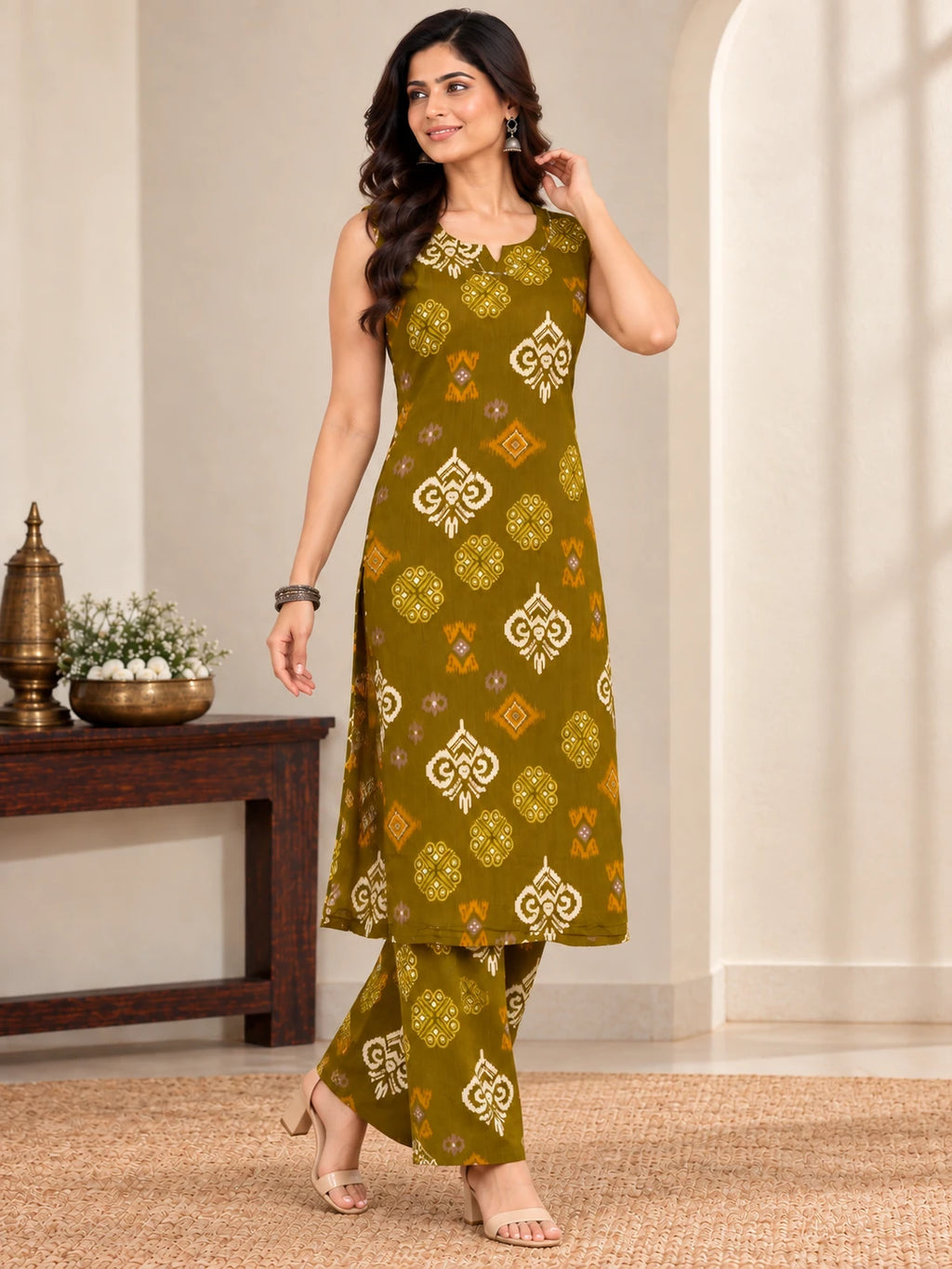 Olive Green Ikkat Rayon Kurta Palazzo Set