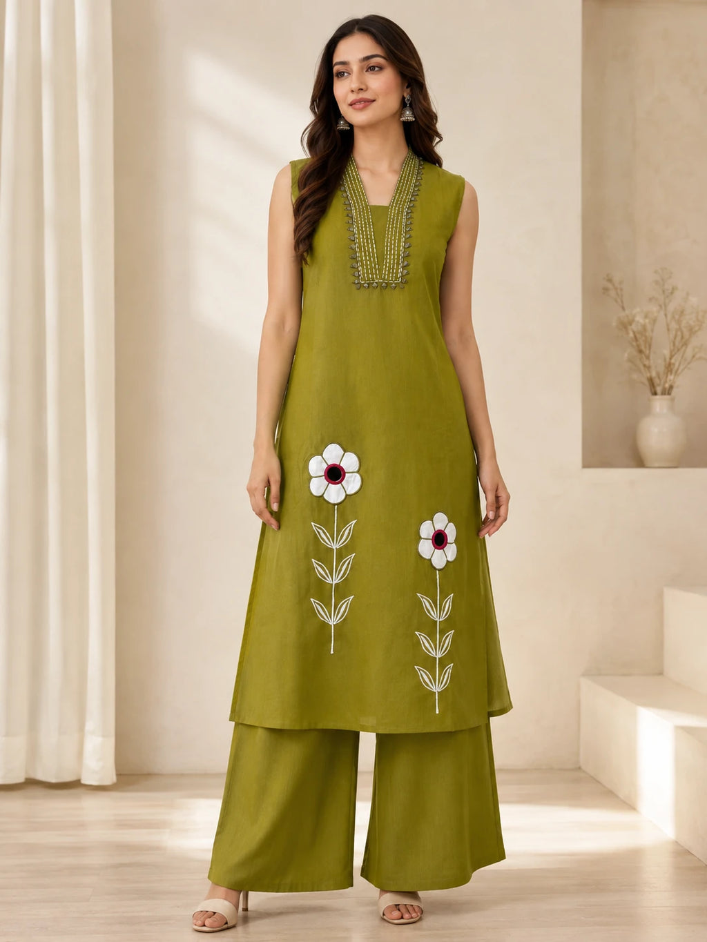 Light Olive Green Embroidered Collar-Neck Co-ord Set