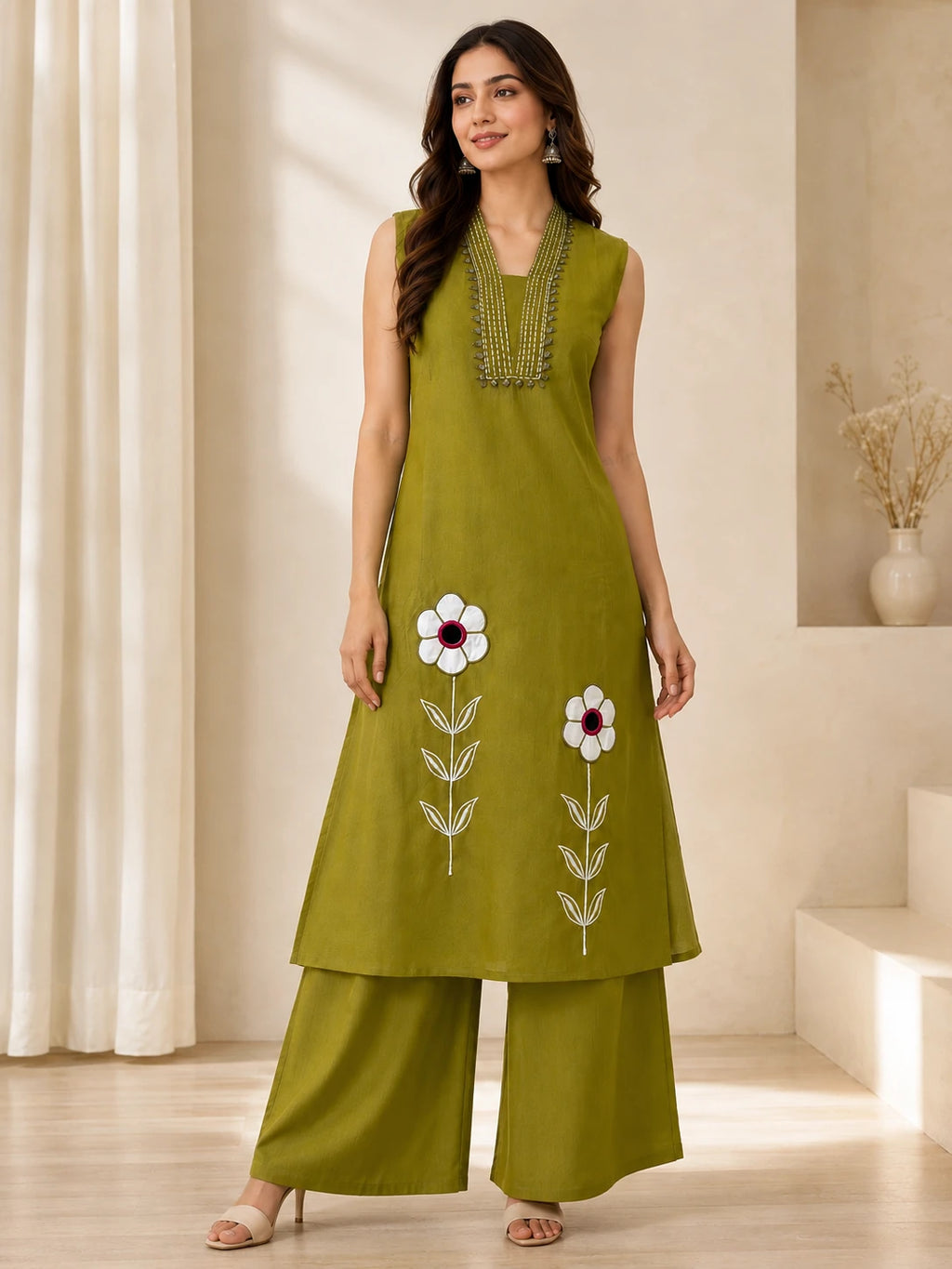 Light Olive Green Embroidered Collar-Neck Co-ord Set