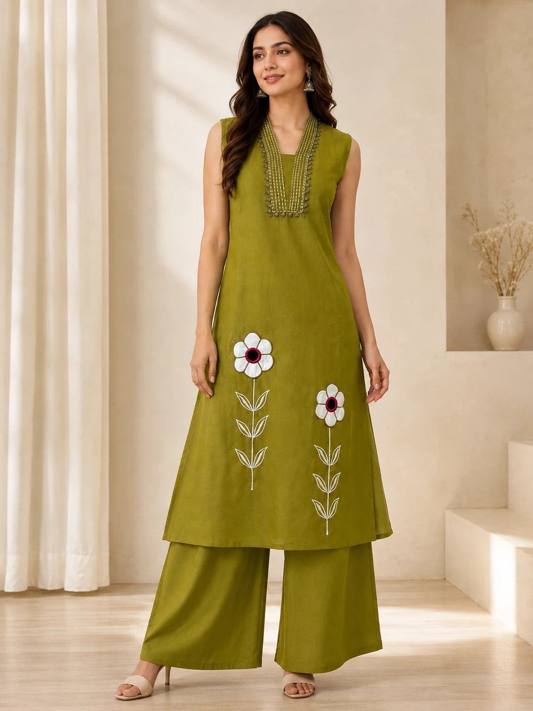 Light Olive Green Embroidered Collar-Neck Co-ord Set