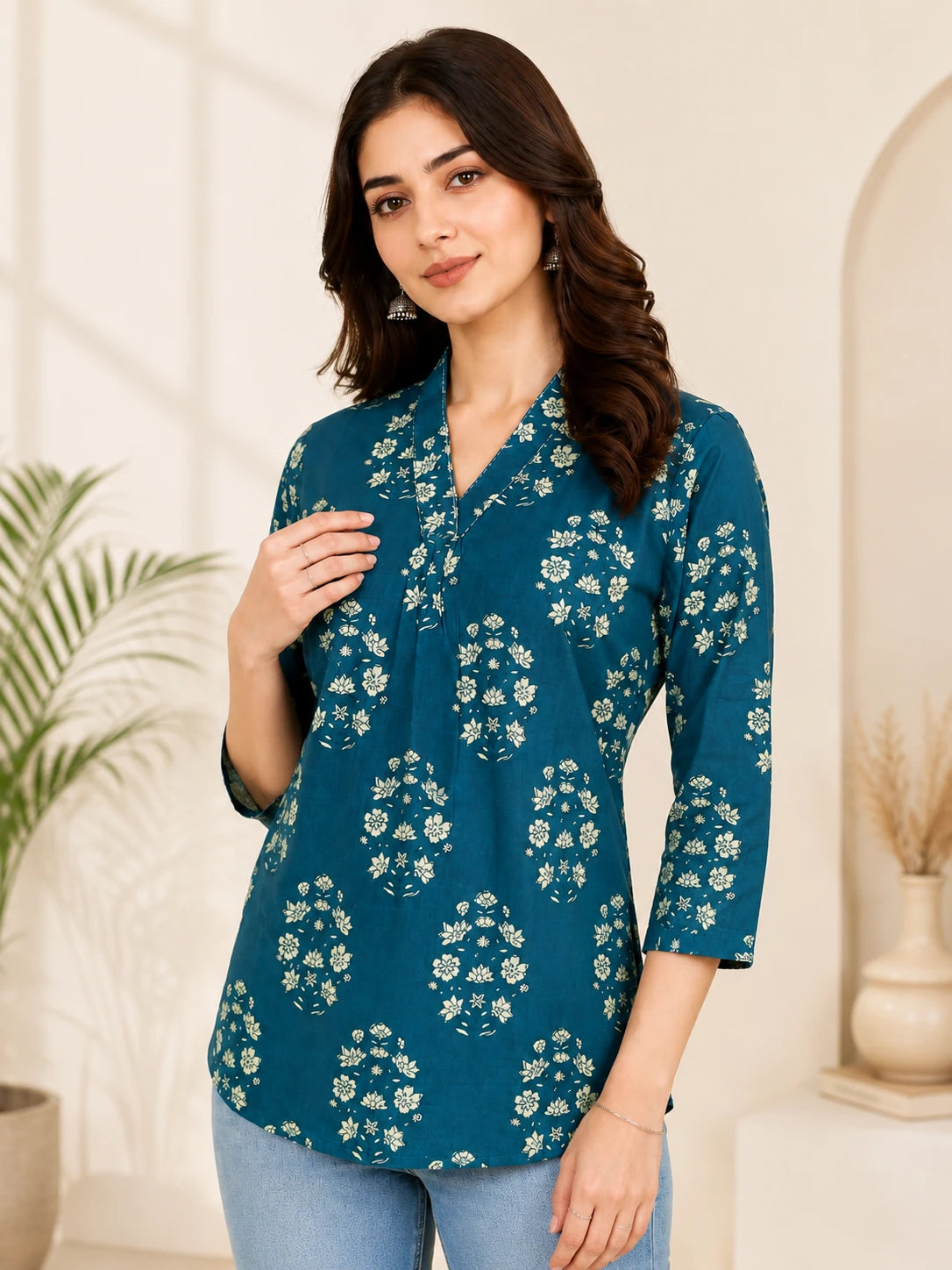 Olive Leaf Print Cotton Tunic