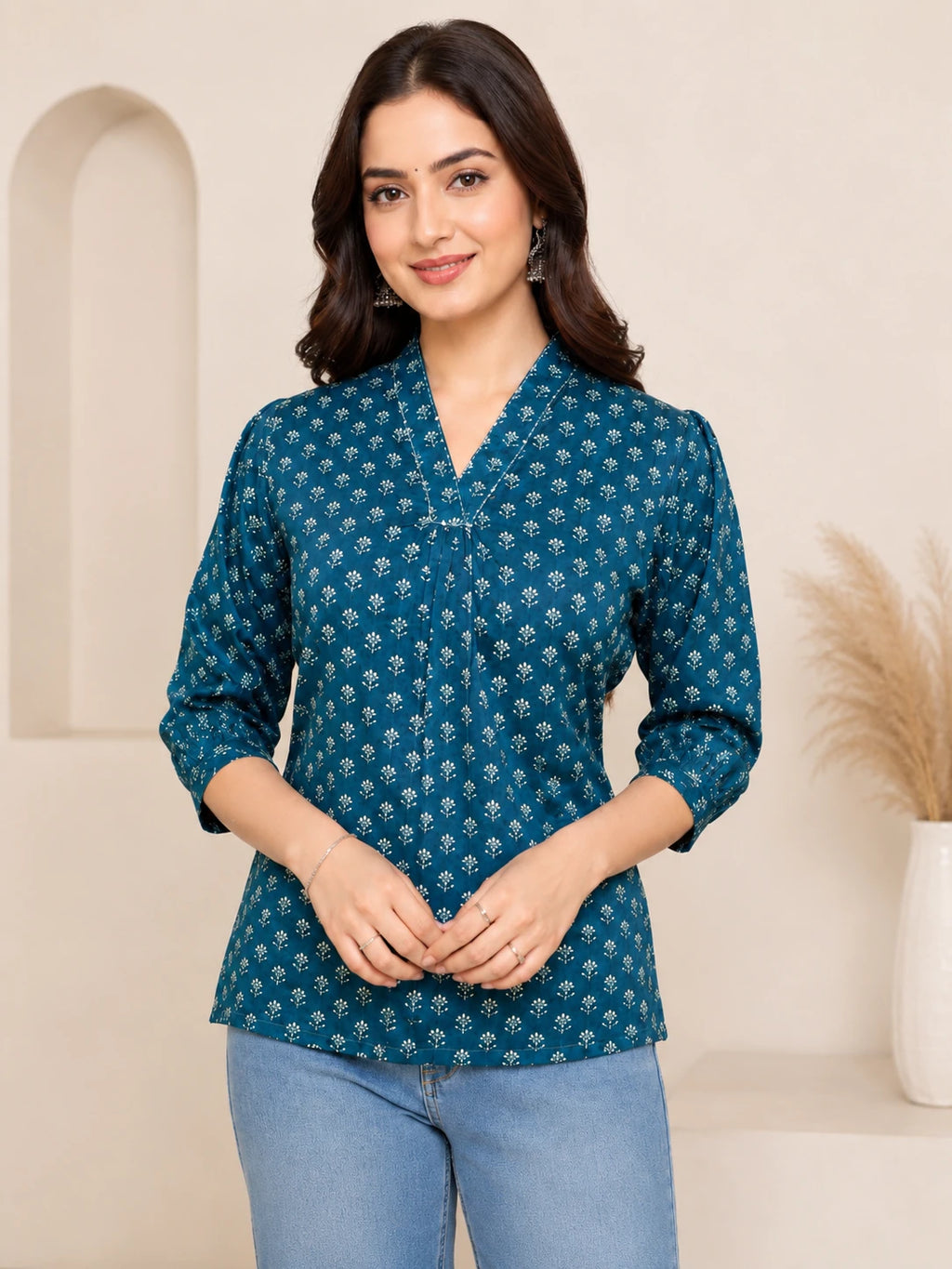 Olive Green V-Neck Printed Tunics