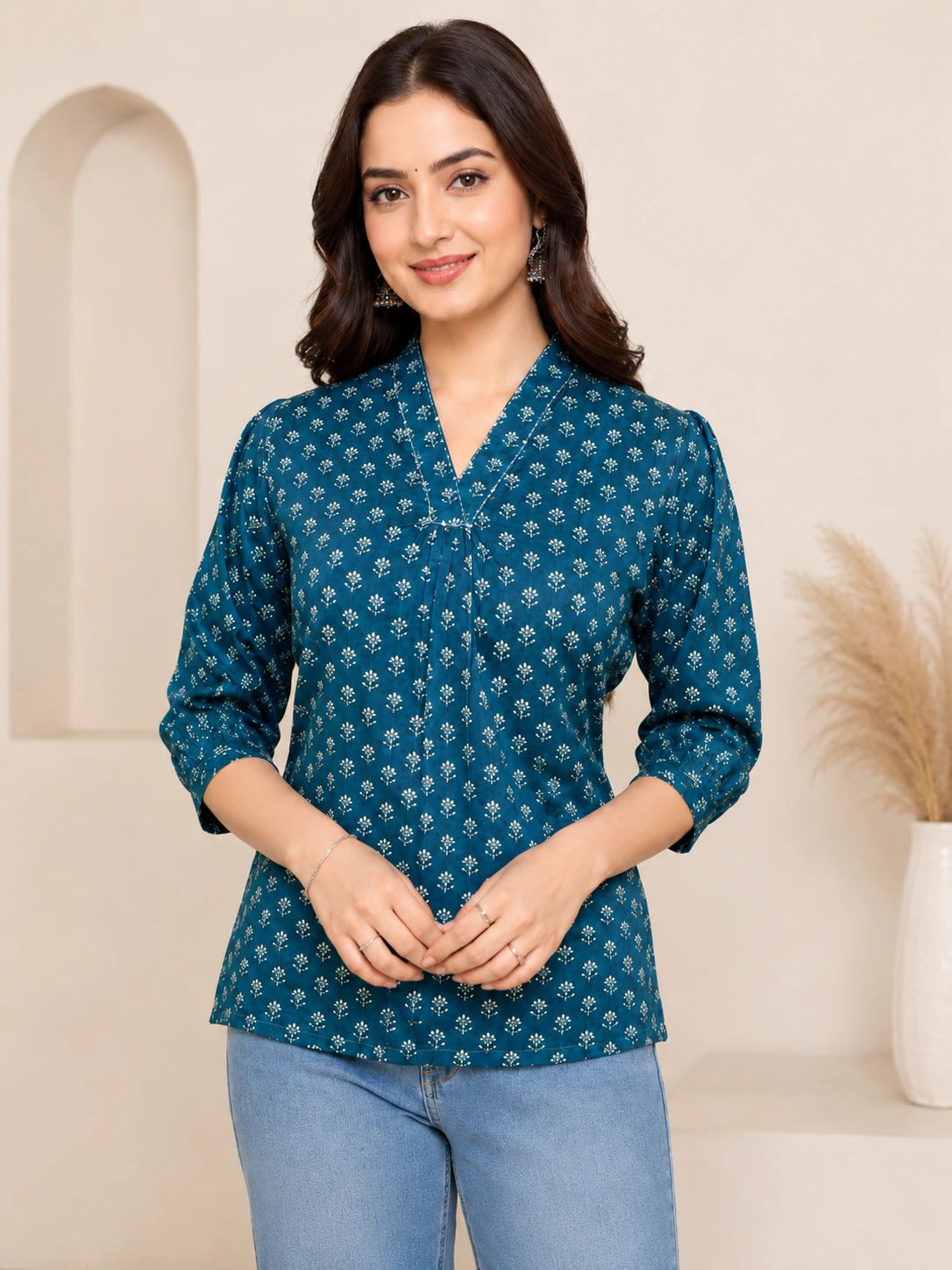 Olive Green V-Neck Printed Tunics