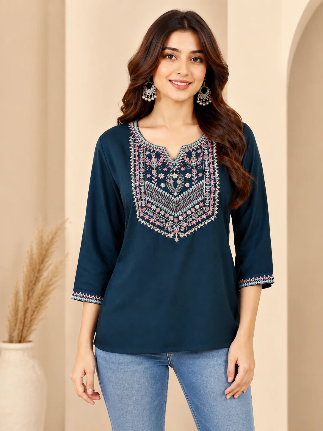 Olive Rayon Embroidered Tunic Top