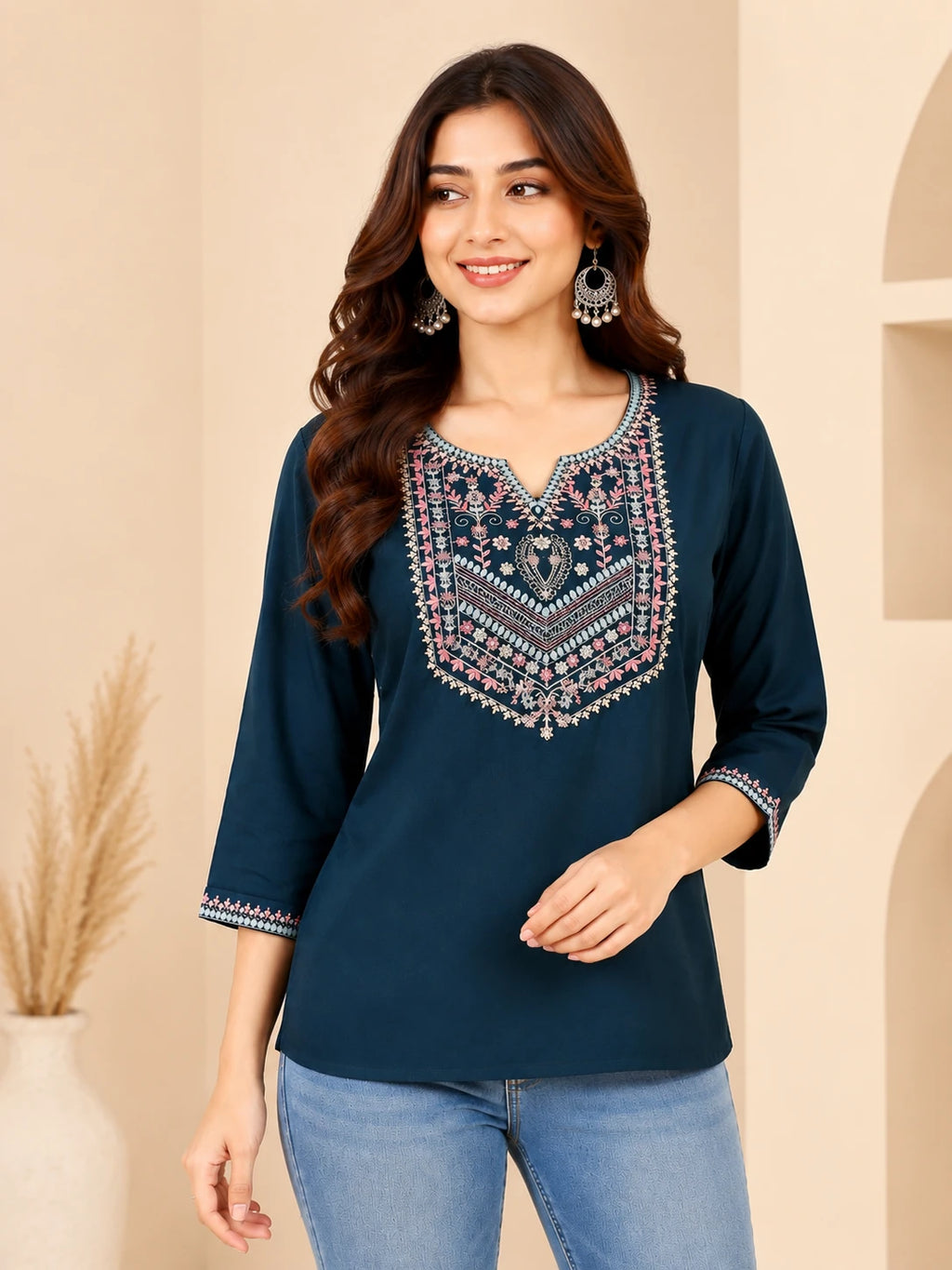 Olive Rayon Embroidered Tunic Top