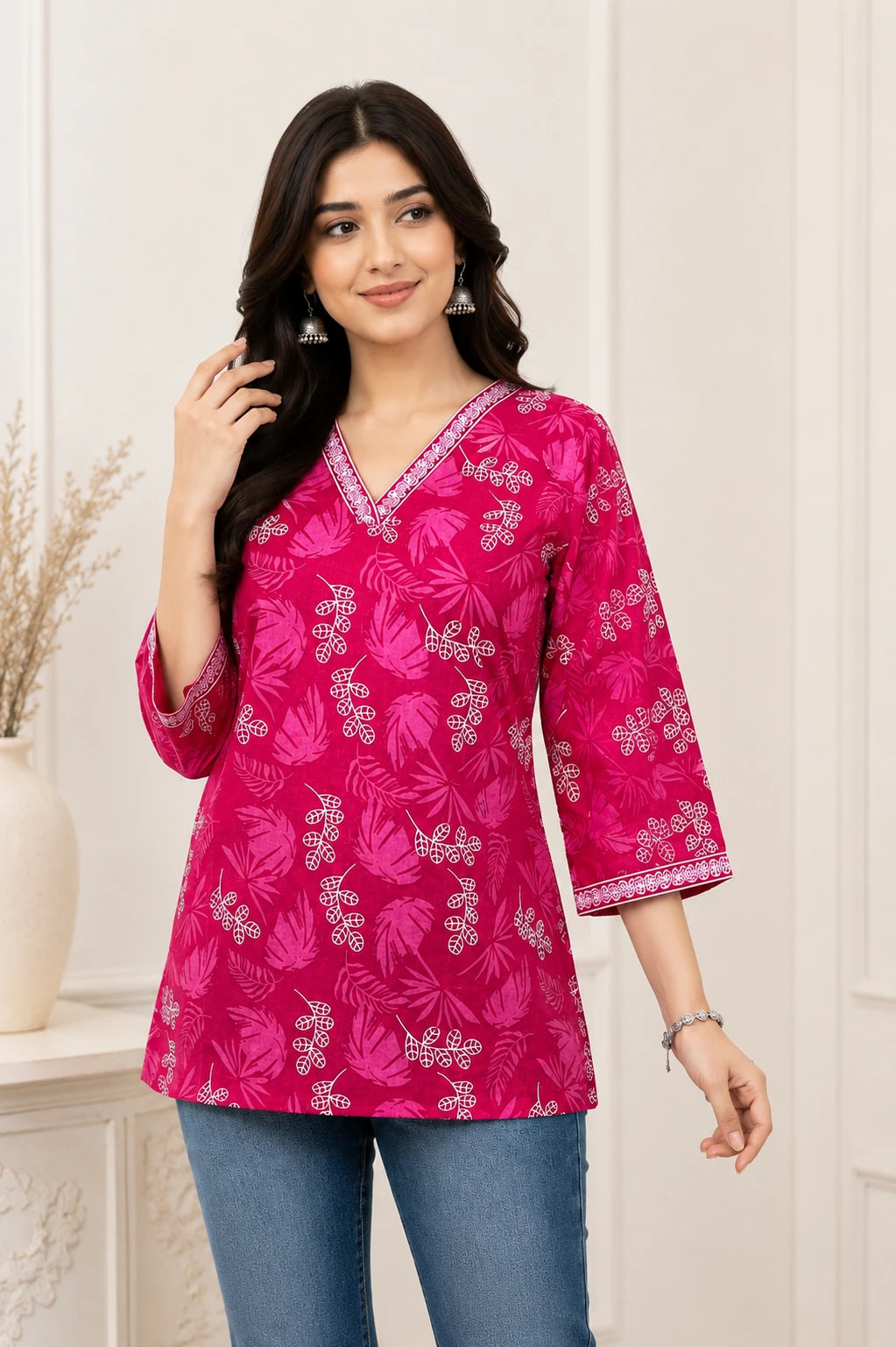 Pink Print V-neck Cotton Top