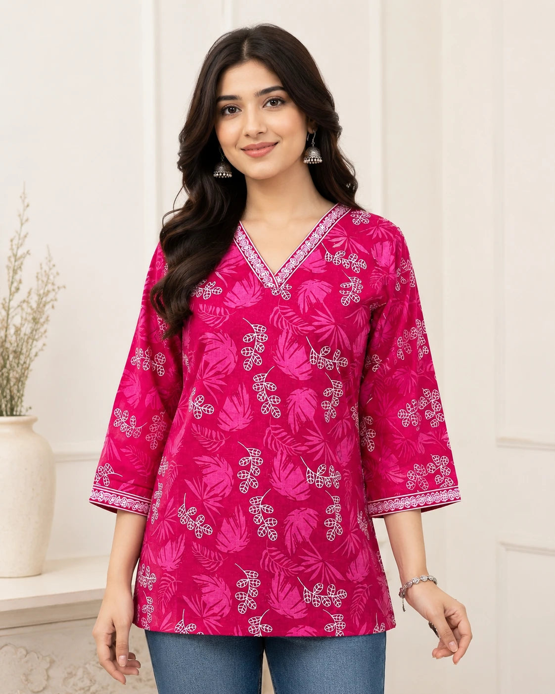 Pink Print V-neck Cotton Top