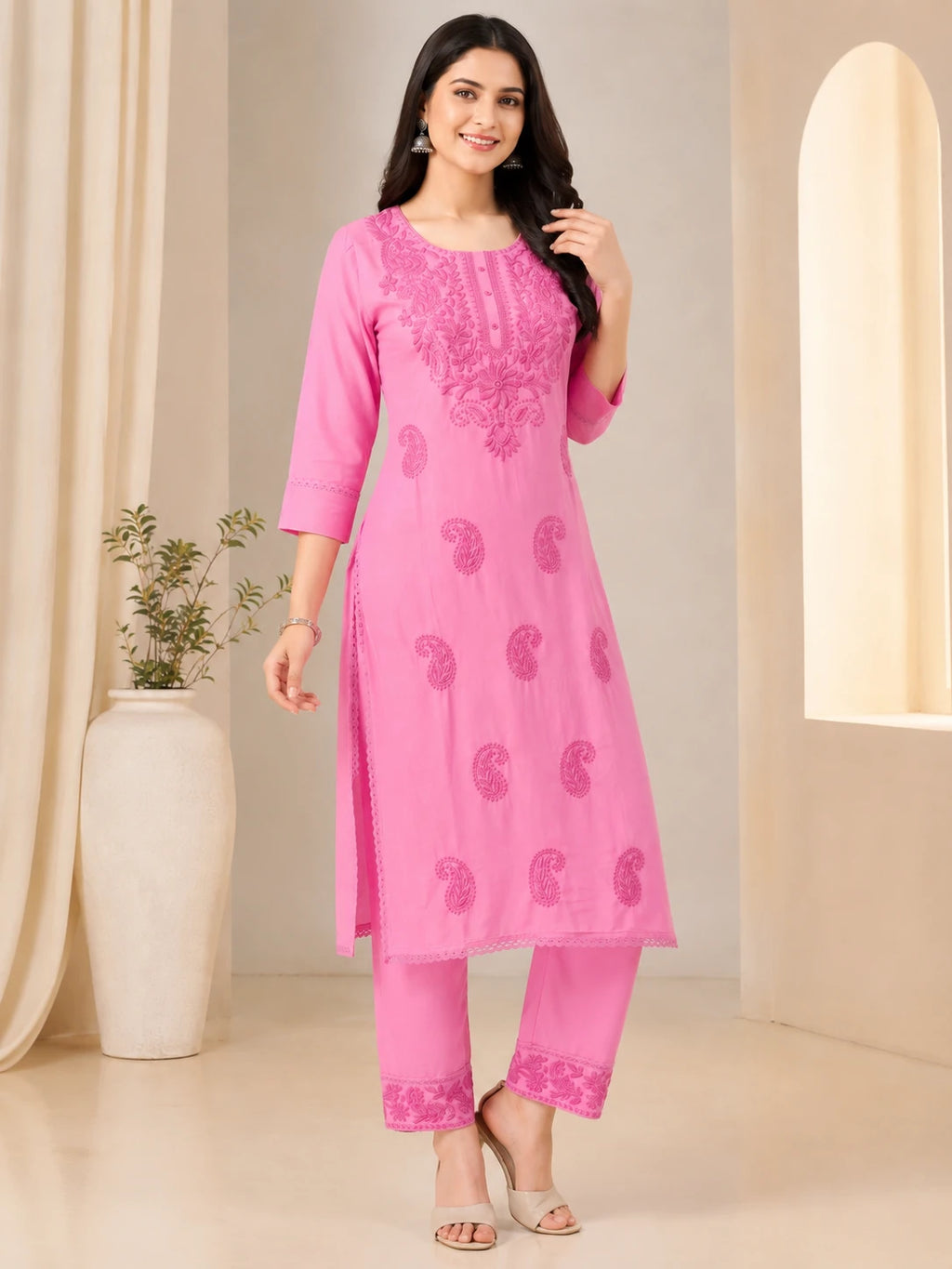 Pink Lakhnawi Embroidered Kurta Palazzo Set
